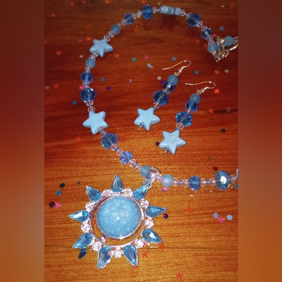 Sunburst Star Sunstone Rhinestone Crystal Turquoise Pendant Necklace Earrings - Picture 1 of 11